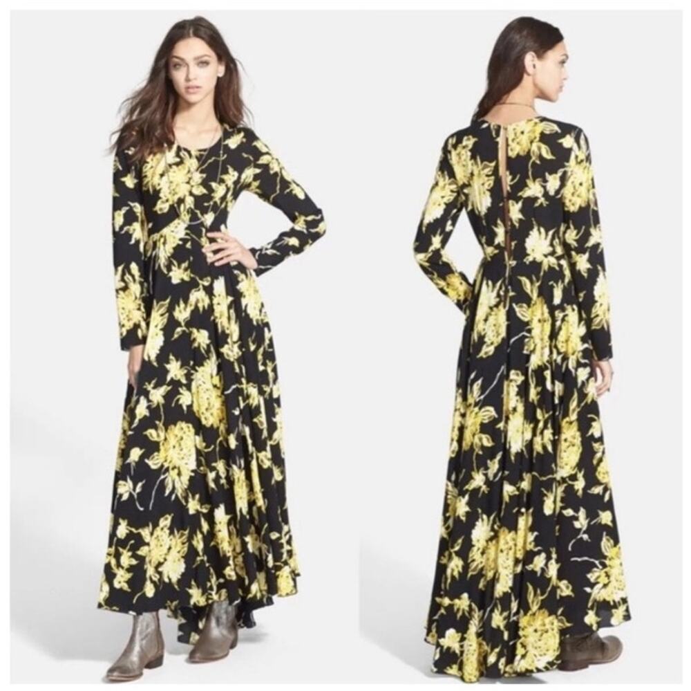 Free People MEDIUM First Kiss black yellow floral boho swing maxi dress